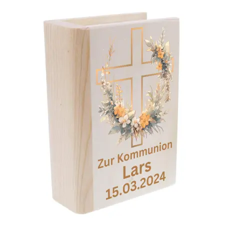 Personalisierte Spardose zur Kommunion | Geschenk zur Kommunion für Kinder | Kreuz in Gold mit Blumen